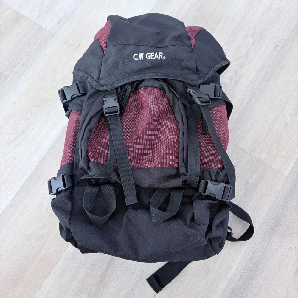 CW Gear Hiking Backpack Black Burgundy Padded Waist Belt Outdoor Rucksack